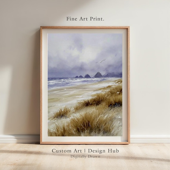 Misty Watercolor Beach Dunes Seagulls Coastal Landscape Wall Art
