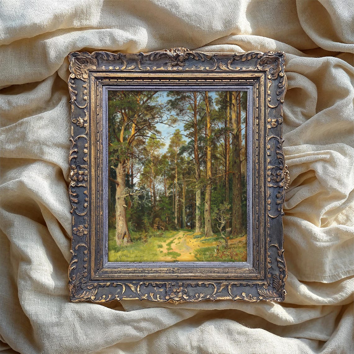 Sunlit Pine Forest Path Vintage Oil Painting Nature Landscape Poster