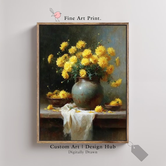 Yellow Chrysanthemum Rustic Vase Vintage Impressionist Art Poster
