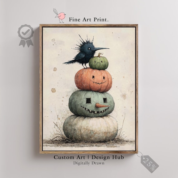 Halloween Pumpkin Stack Print Spooky Crow Jack Olantern