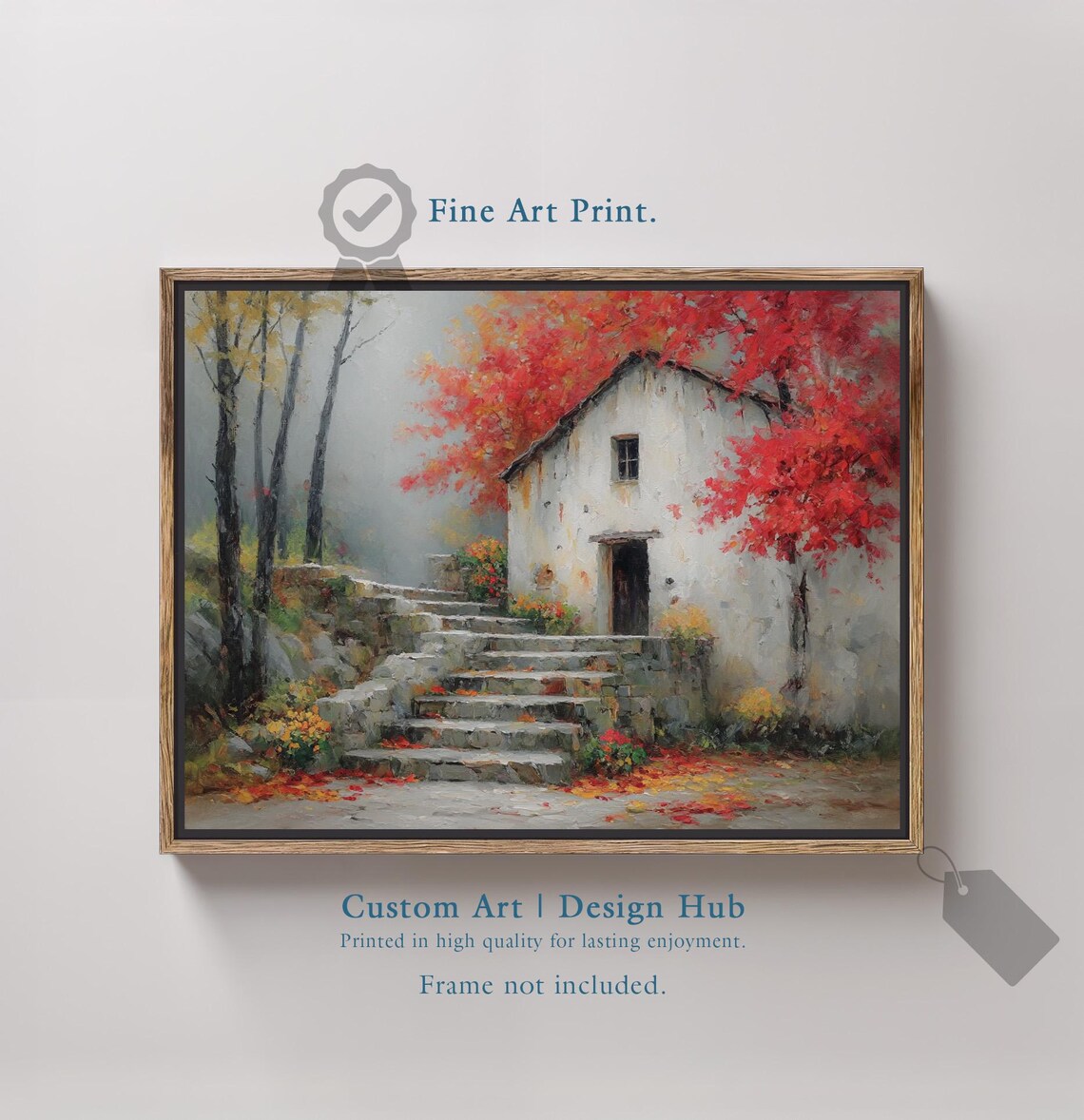 Autumn Cottage Art Print Rustic Stone Stairway Fall Landscape