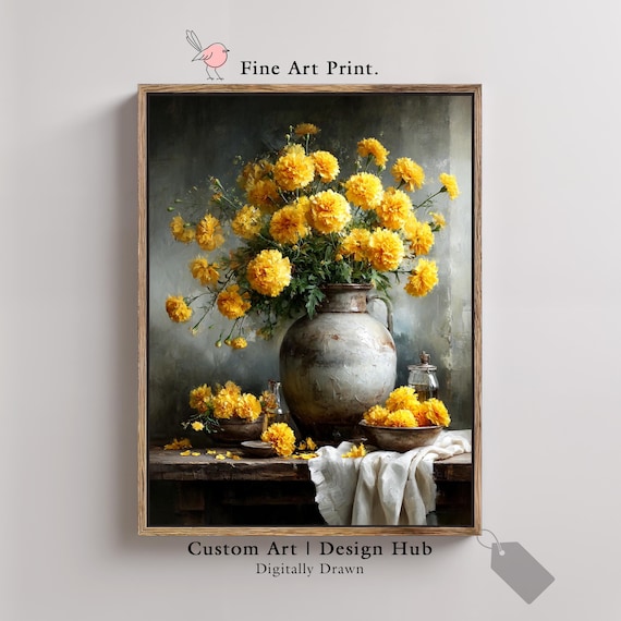 Yellow Marigold Bouquet Antique Vase Vintage Still Life Art Poster