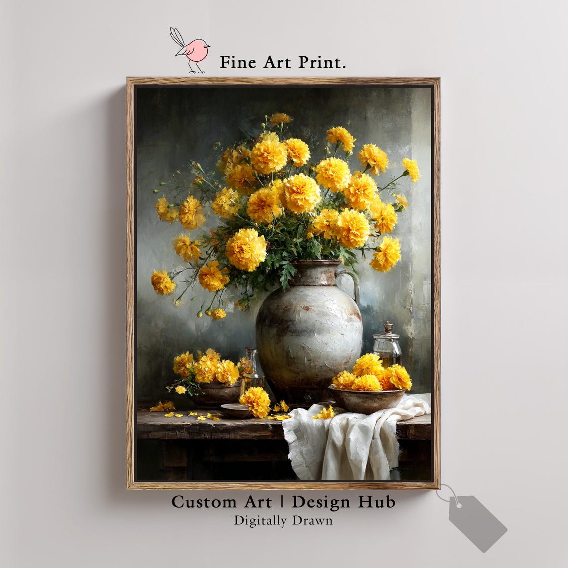 Yellow Marigold Bouquet Antique Vase Vintage Still Life Art Poster