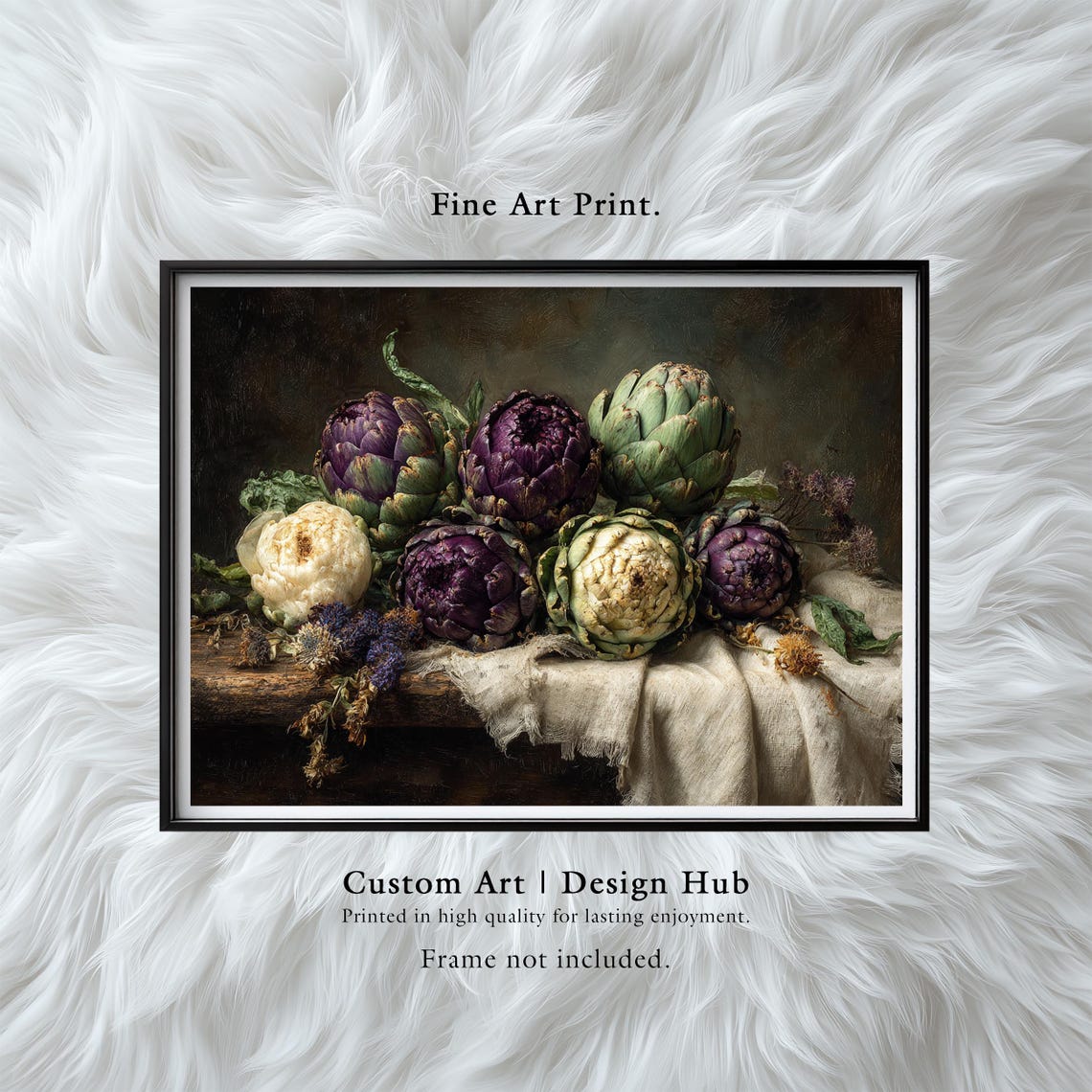 Purple and Green Artichoke Still Life Rustic Oil Painting Wall Art