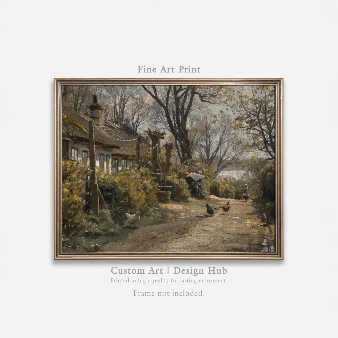 Vintage Country Cottage Path With Thatched Roof And Chickens Print