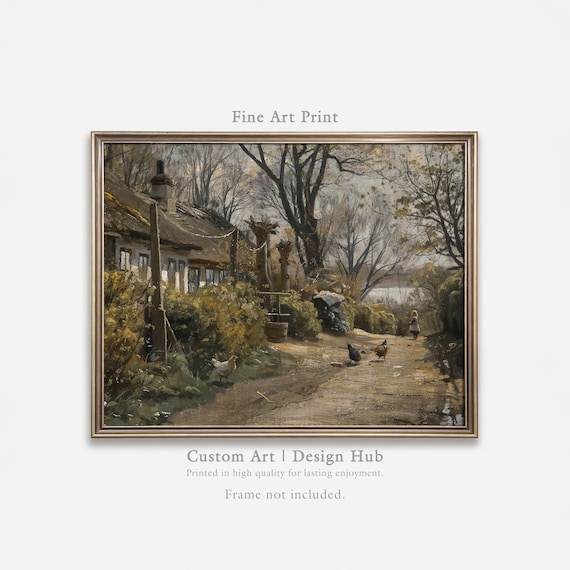 Vintage Country Cottage Path With Thatched Roof And Chickens Print