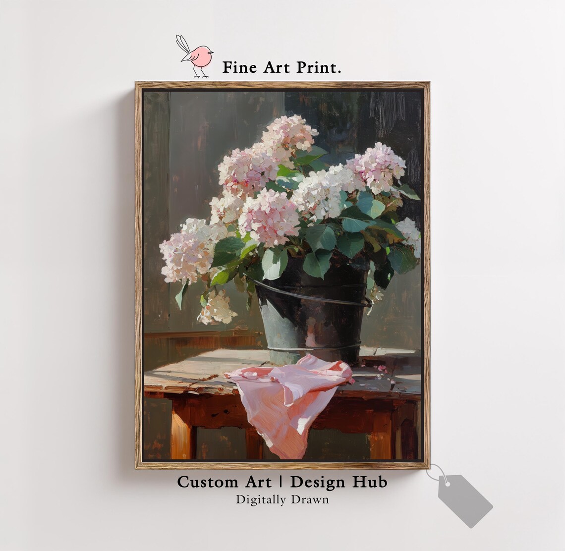 Hydrangea Floral Still Life Print Vintage Bucket Painting Rustic Botanical Wall Art