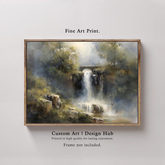 Misty Waterfall Forest Print Tranquil Nature Scene Wall Art