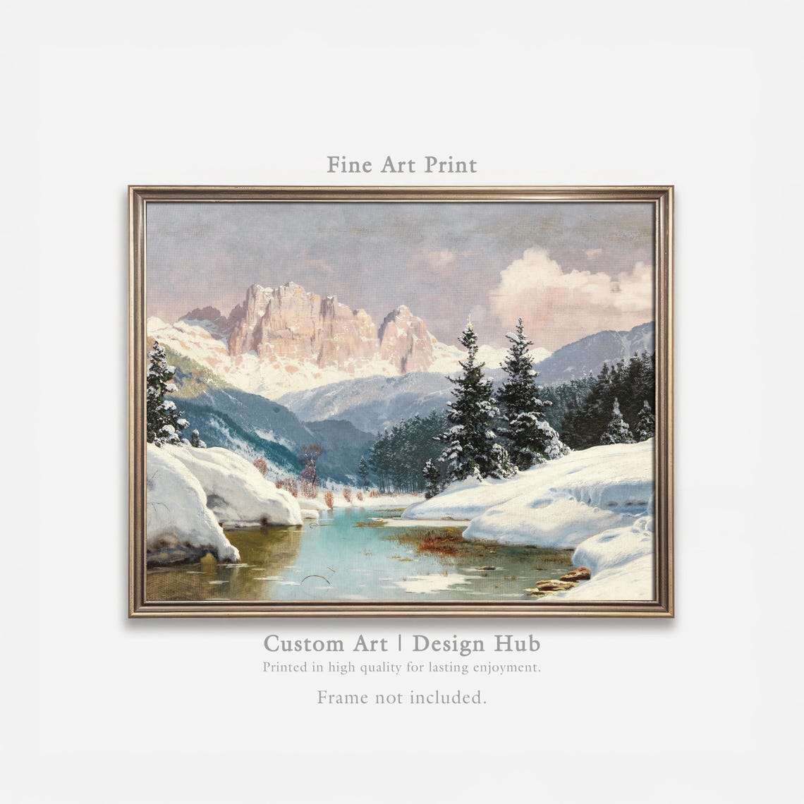 Snowy Mountain River Winter Landscape Painting Poster for Living Room