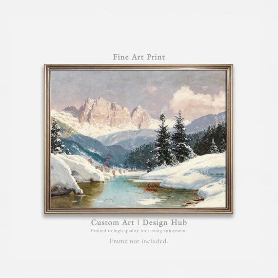 Snowy Mountain River Winter Landscape Painting Poster for Living Room