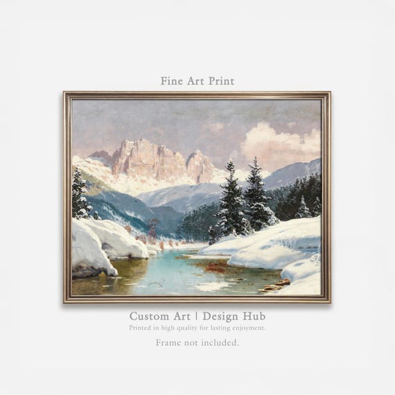 Winter Mountain Landscape Painting Print Snowy River Fine Art Wall Decor