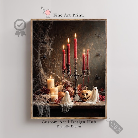 Gothic Halloween Art Print Spooky Candlelight Pumpkins Ghosts