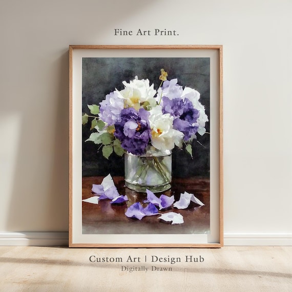 White Purple Iris Flowers Glass Vase Watercolor Floral Poster