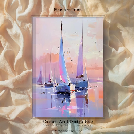 Colorful Sailboats At Sunset Modern Impressionist Seascape Painting Style Wall Art Fine Print