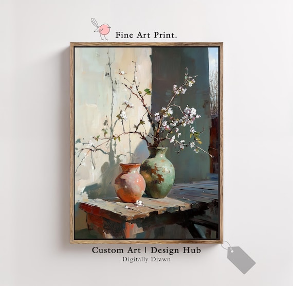 White Blossom Branches Rustic Vases Wooden Table Vintage Oil Painting Poster
