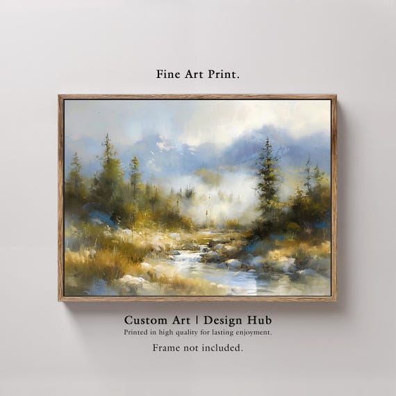 Misty Mountain River Landscape Art Print Serene Nature Wall Decor