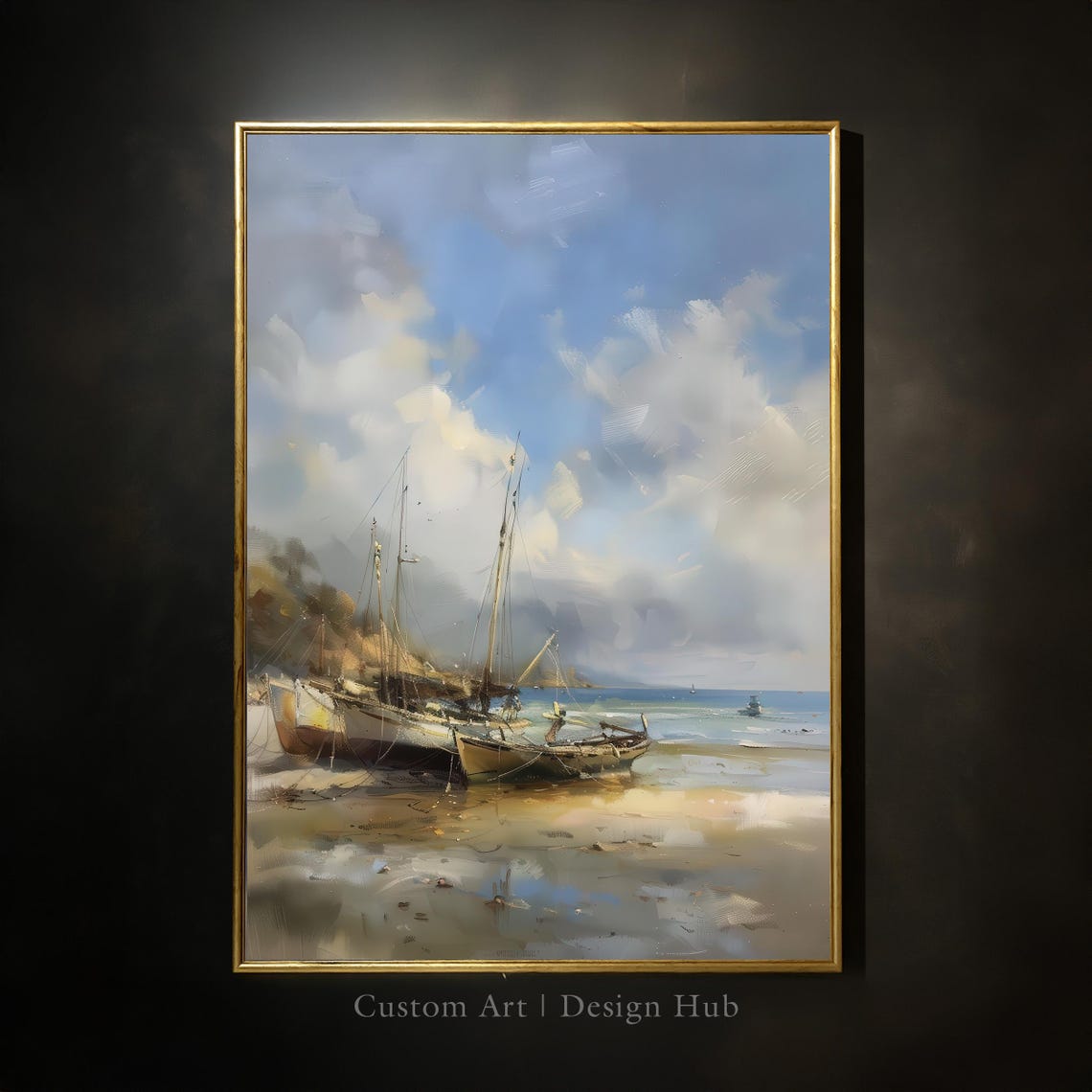 Fishing Boats on Beach Shore Cloudy Sky Coastal Seascape Poster