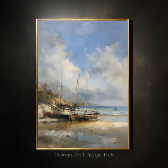 Fishing Boats on Beach Shore Cloudy Sky Coastal Seascape Poster