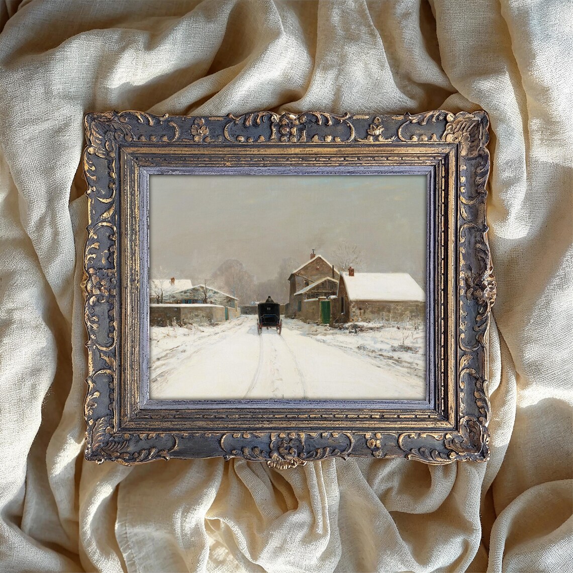 Winter Village Road Art Print, Snowy Landscape