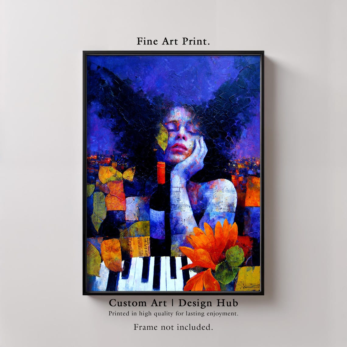 Abstract Woman Piano Keys Night Collage Colorful Music Art Print