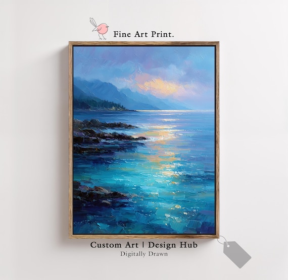 Ocean Sunset Rocky Shore Purple and Gold Tones Fine Art Poster