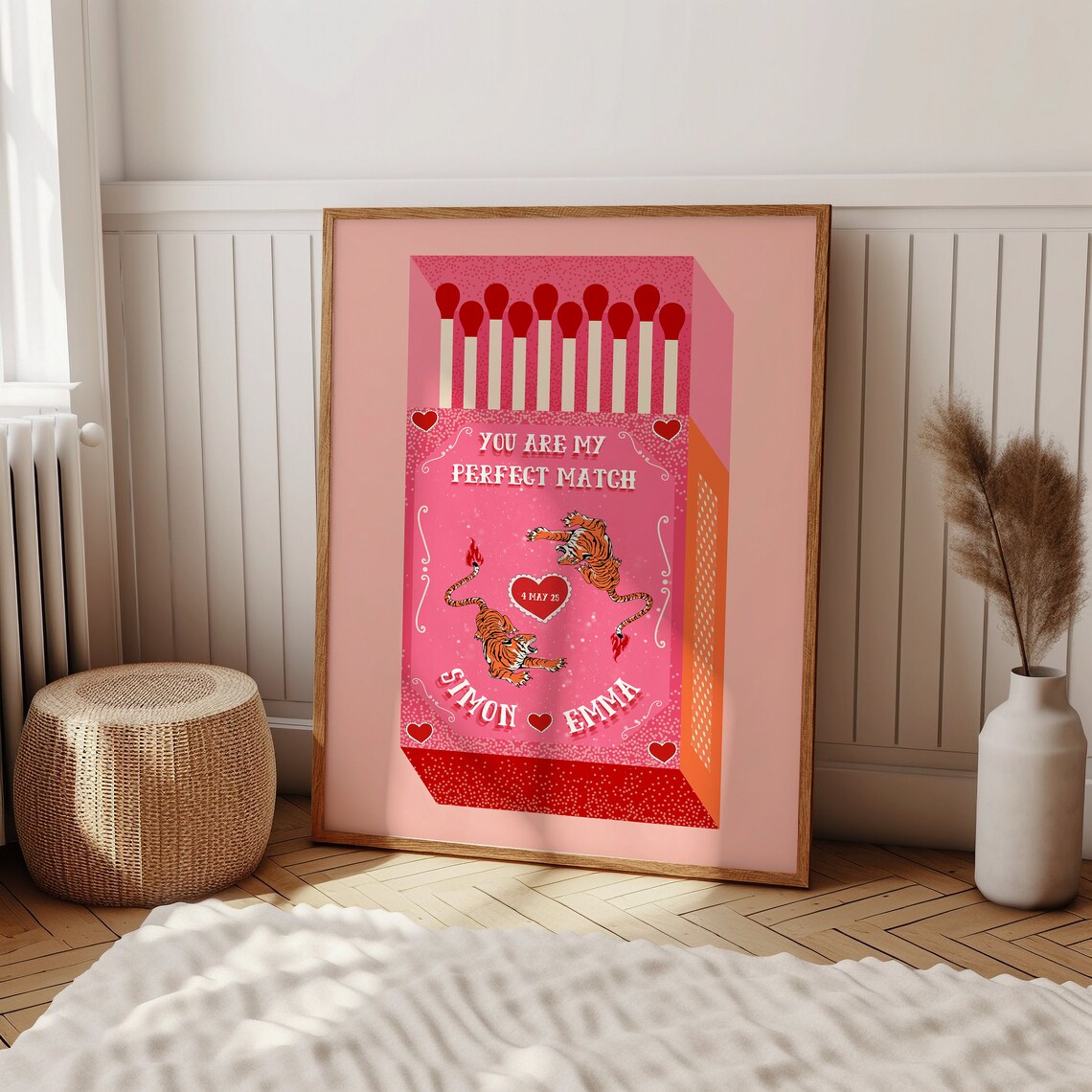 Retro Tiger Matchbox Art Print, Vintage Pink Decor