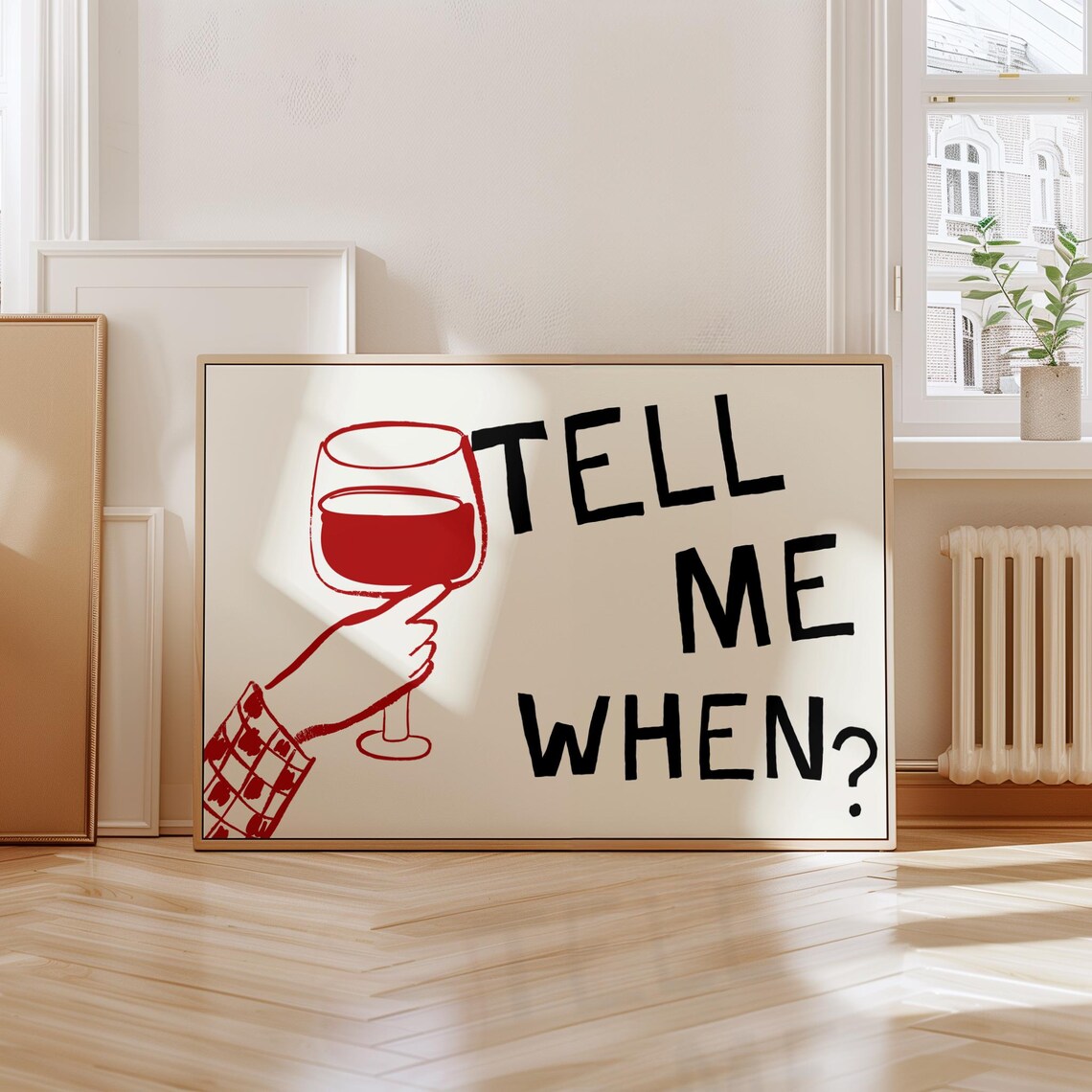 Tell Me When Wine Glass Red Hand Drawn Cocktail Bar Cart Art Poster