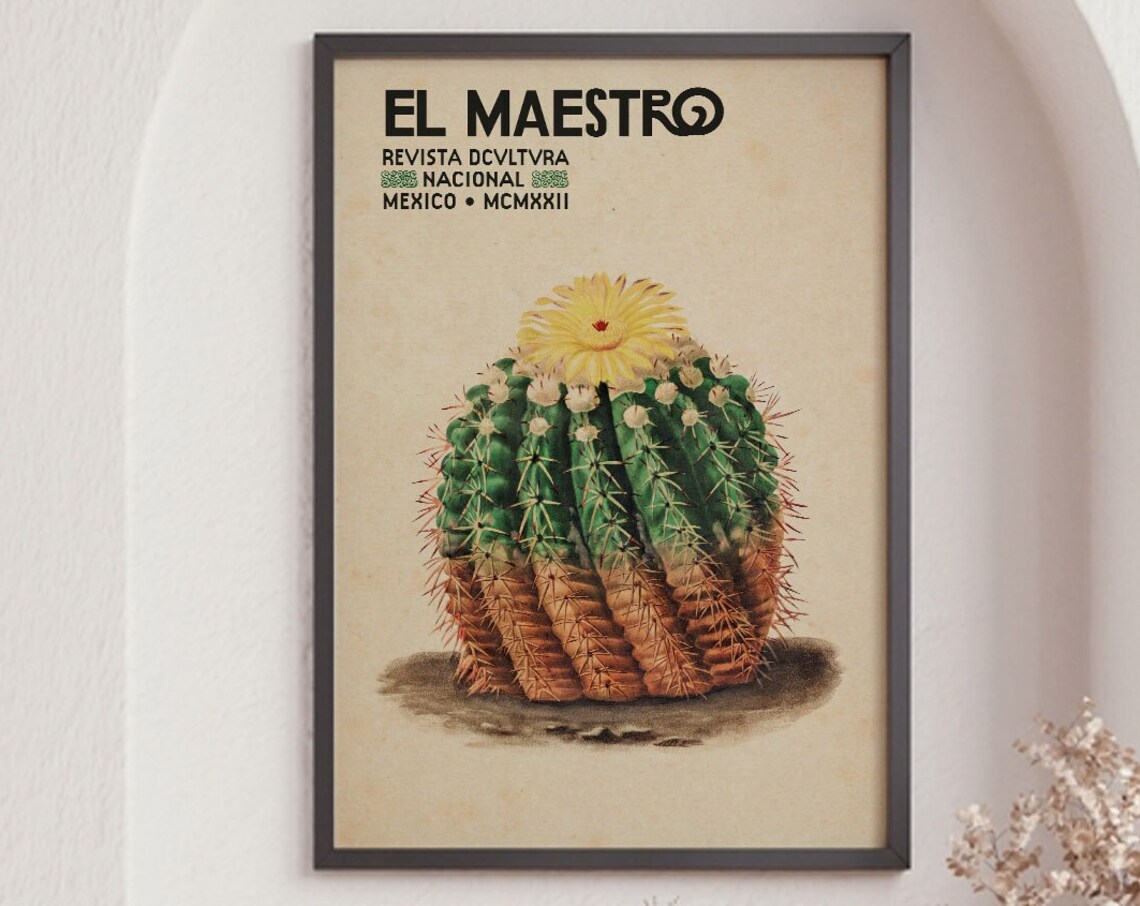 Mexico Vintage Travel Poster, Blooming Cactus Print