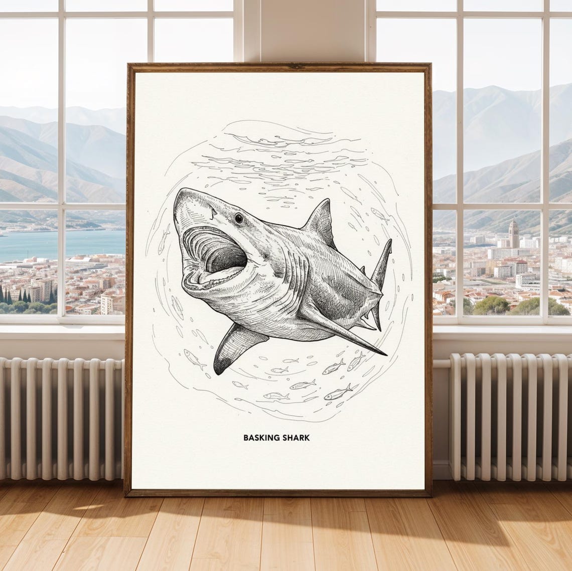 Basking Shark Open Mouth Black and White Fine Line Illustration Poster