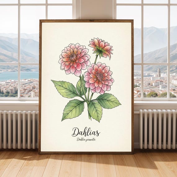Botanical Dahlia Watercolor Art Print Vintage Floral Wall Decor