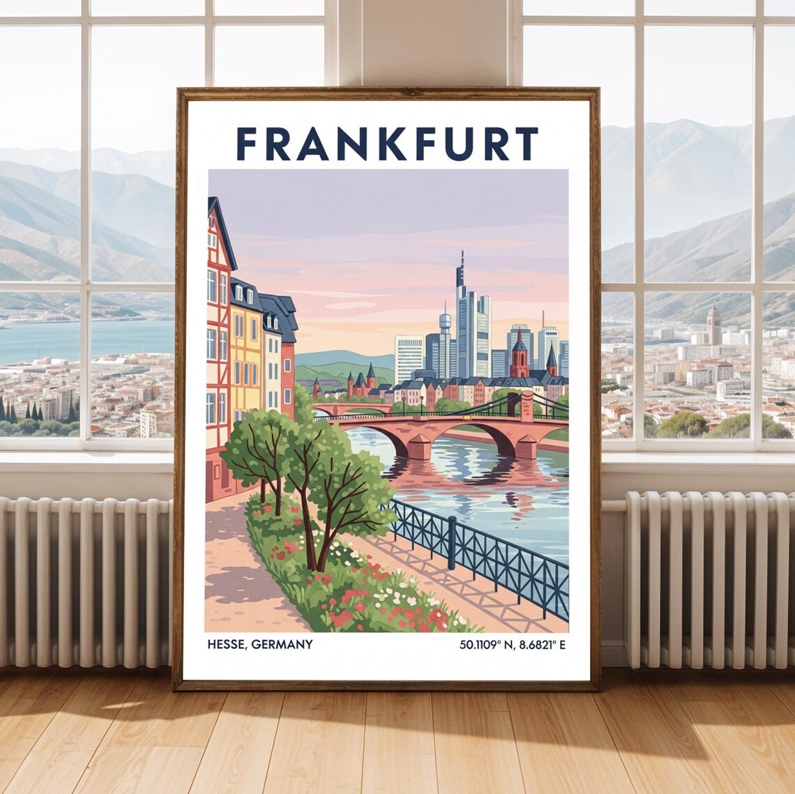 Frankfurt Germany Skyline River Bridge Vintage Travel Poster Hesse