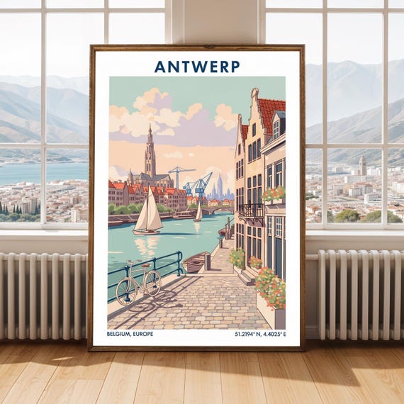 Antwerp Riverfront Canal Wall Art And Teal Peach Travel Poster European Cityscape