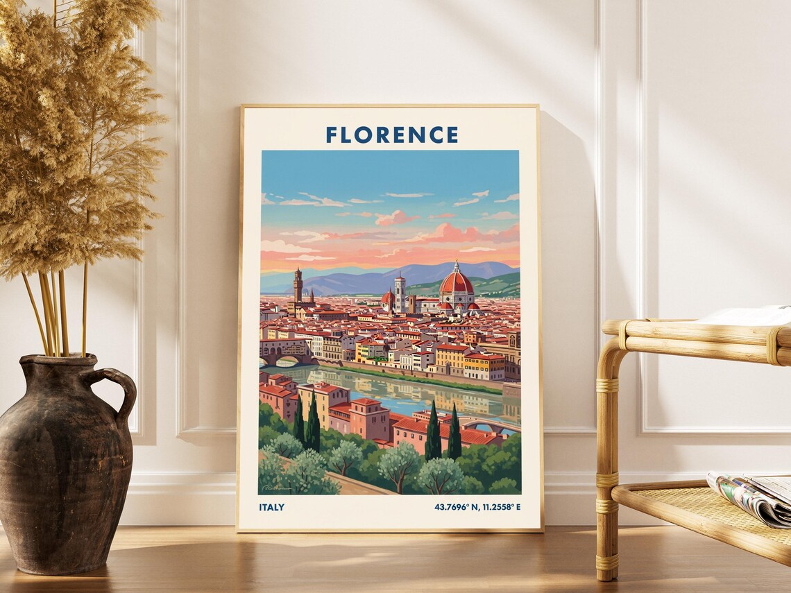 Florence Italy Duomo Dome Arno River Skyline Vintage Travel Poster