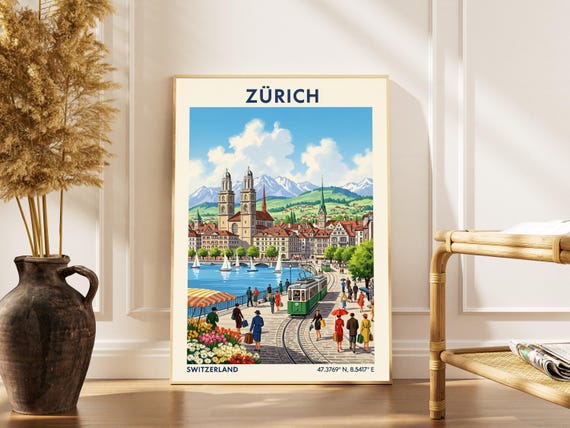 Zurich Cityscape Vintage Swiss Travel Poster