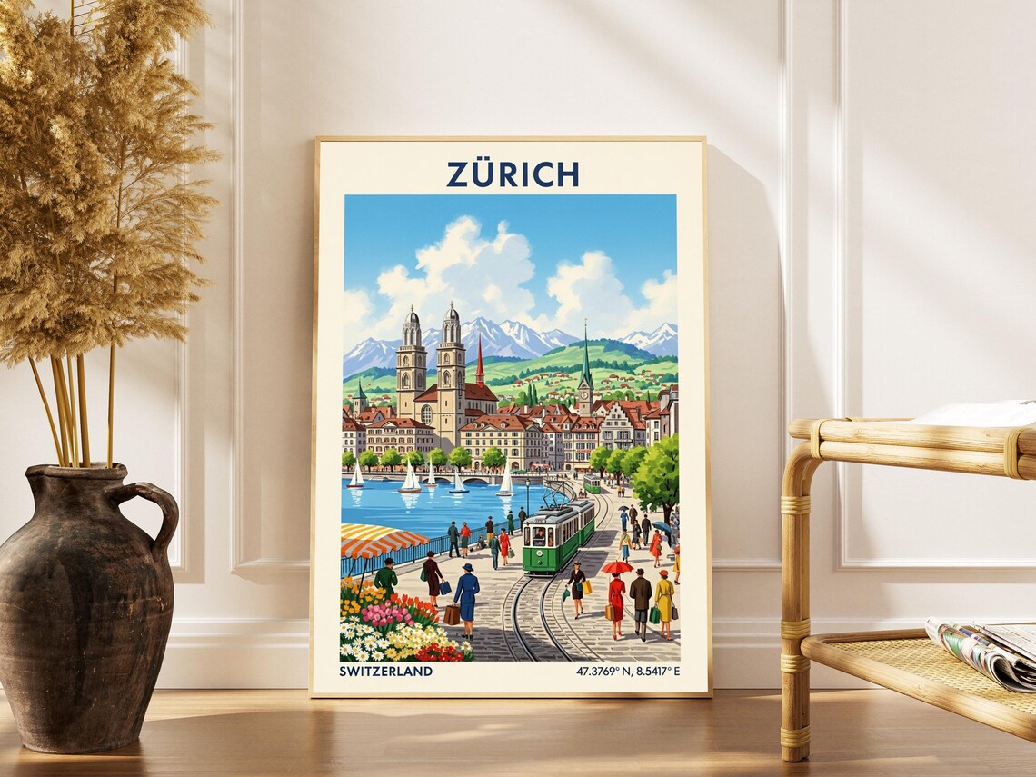 Zurich Cityscape Vintage Swiss Travel Poster