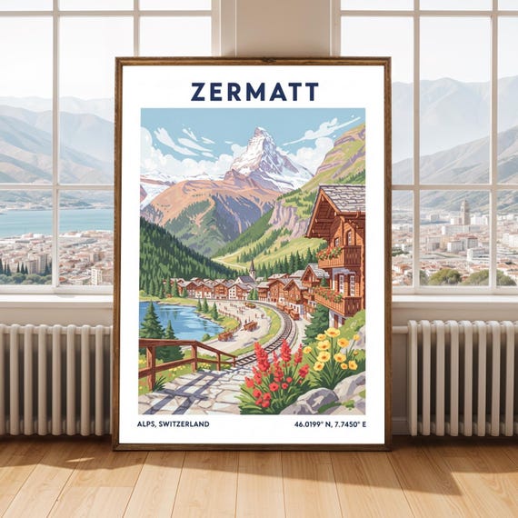 Swiss Alps Travel Poster Alpine Village Art Print