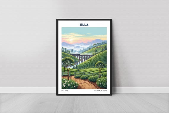 Sri Lanka Poster Art Print Tea Country Landscape In Gouache Style Green Terraced Hills