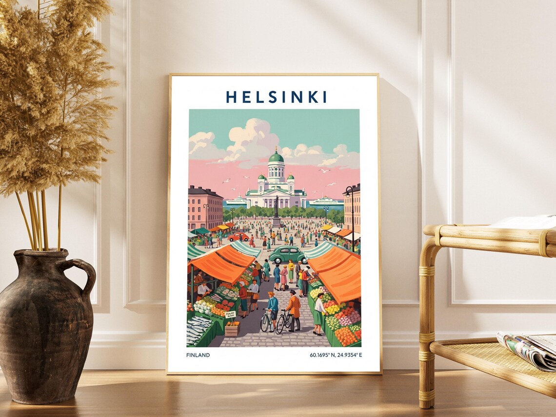 Helsinki Finland Vintage Travel Poster Bustling Market Square Scene