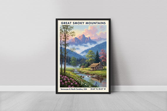 Great Smoky Mountns Art Print Vintage Travel Style Forest Stream And Cabin Green Blue