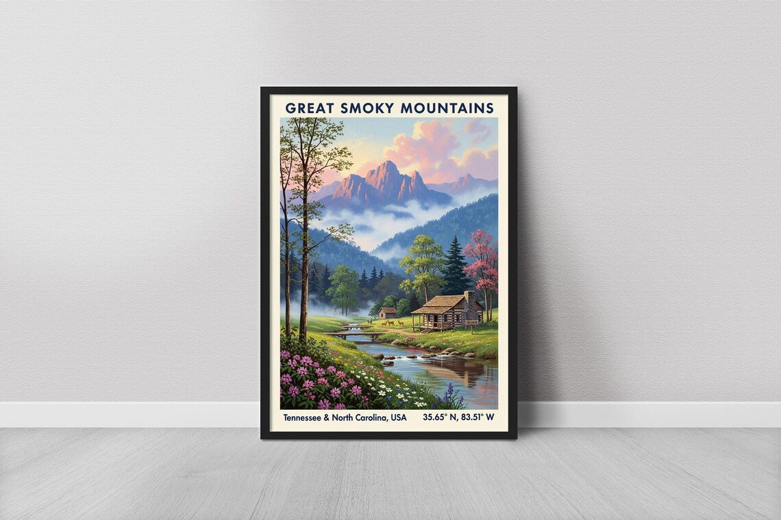 Great Smoky Mountains Travel Poster Cabin Creek Misty Forest