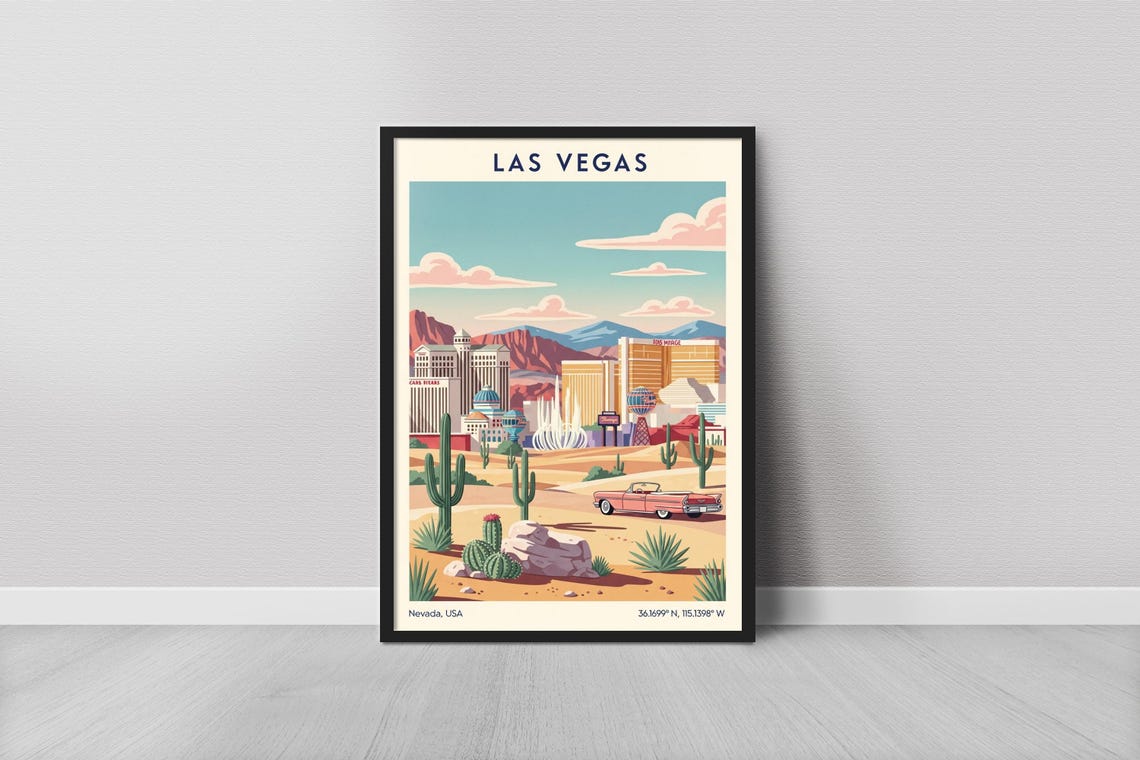 Las Vegas Nevada Desert Skyline Classic Car Vintage Travel Poster