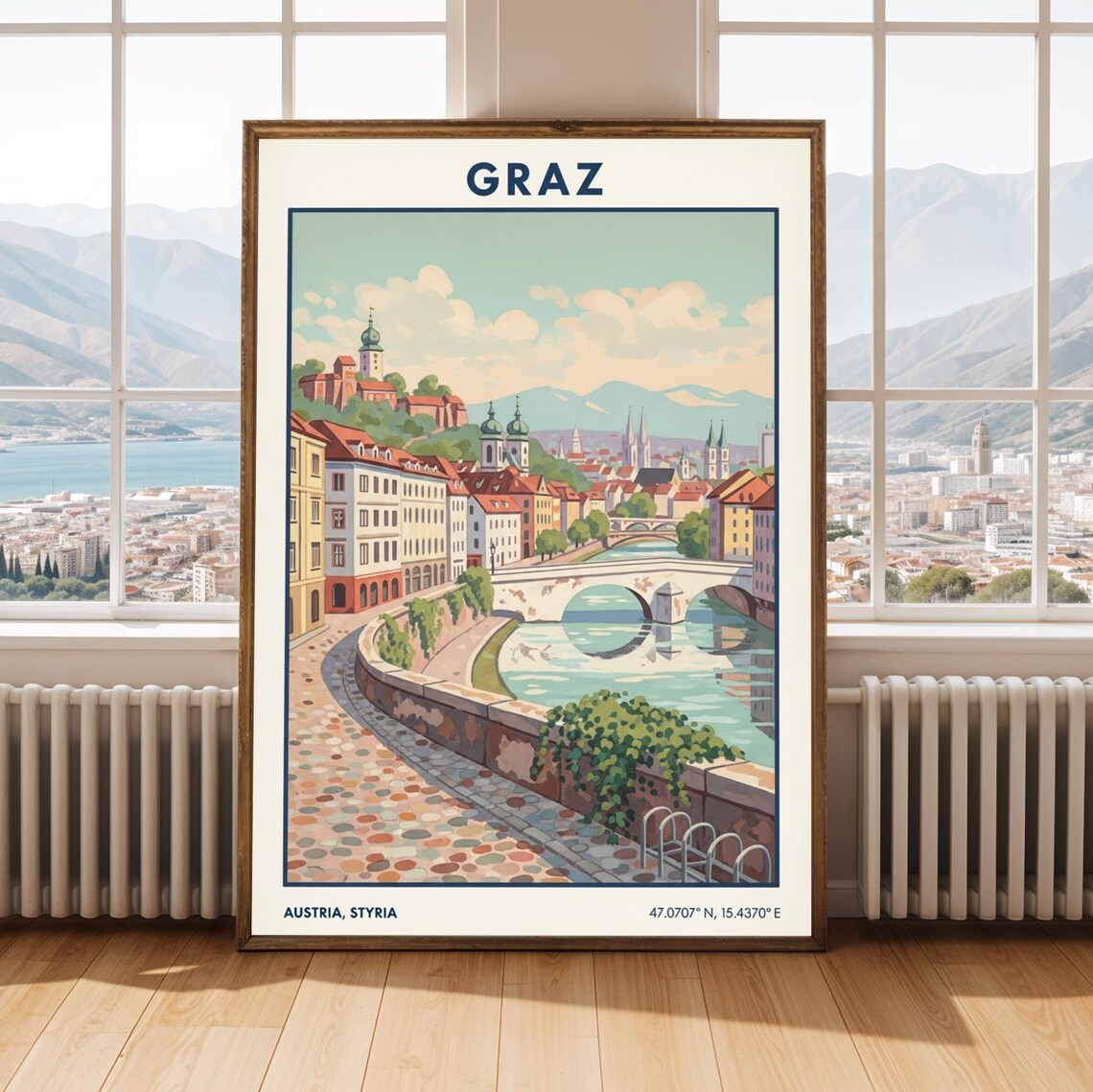 Graz Austria Vintage Travel Poster Riverside Cityscape Scene