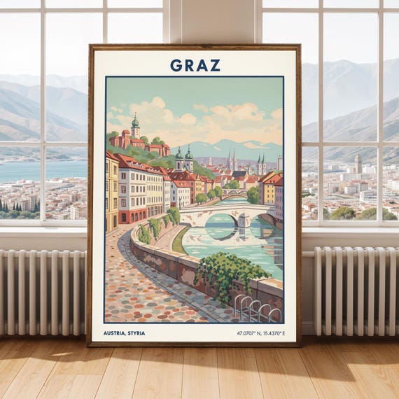 Graz Austria Travel Poster Vintage Style Cityscape Art Print
