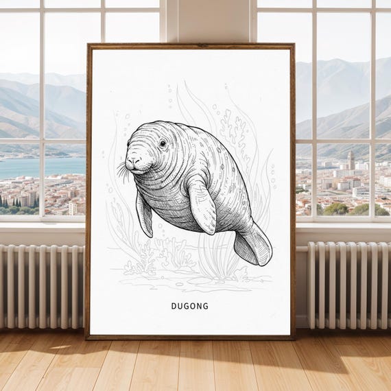 Dugong Art Print Fine Line Pen Drawing Marine Life Decor