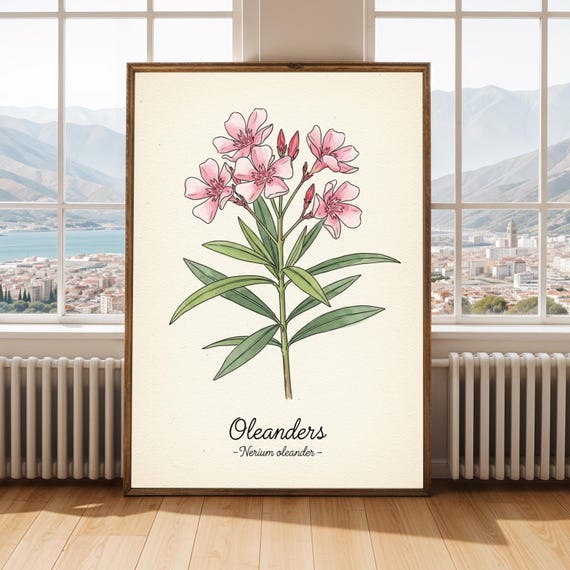 Oleander Flower Poster Pink And Green Art Botanical Watercolor Print Vintage Naturalistic Style For Lovers Decor
