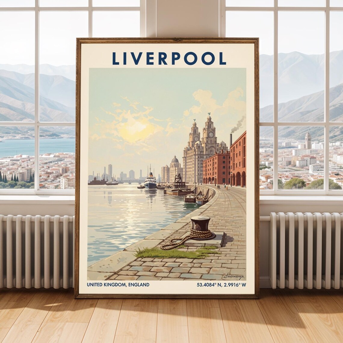 Liverpool England Travel Poster of the Waterfront and Liver Building