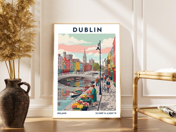 Dublin Cityscape Art Print Vintage Gouache Travel Poster