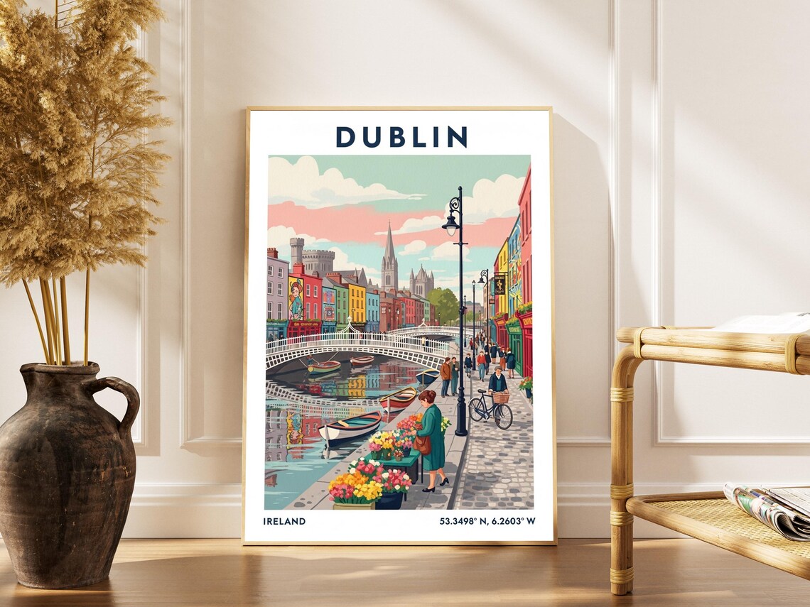Dublin Ireland Travel Poster of the Ha'penny Bridge River Liffey