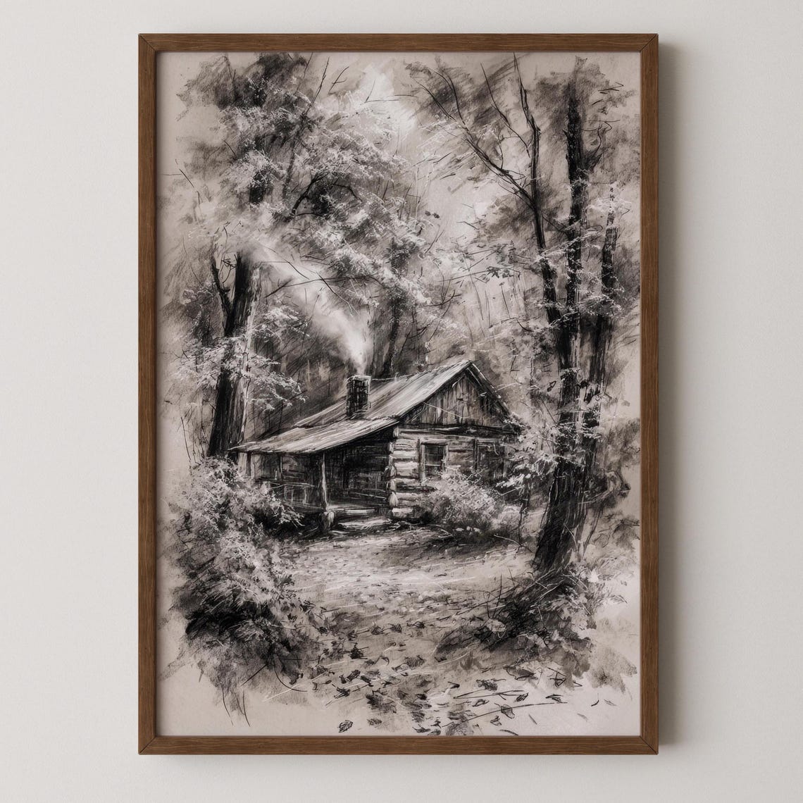 Log Cabin In Misty Woods Charcoal Sketch Rustic Nature Wall Art