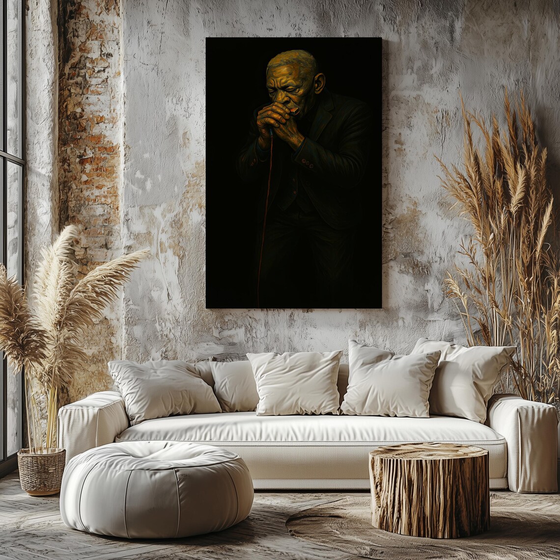 Vintage Blues Harmonica Player Portrait Dark Background Painting Music Wall Decor Poster